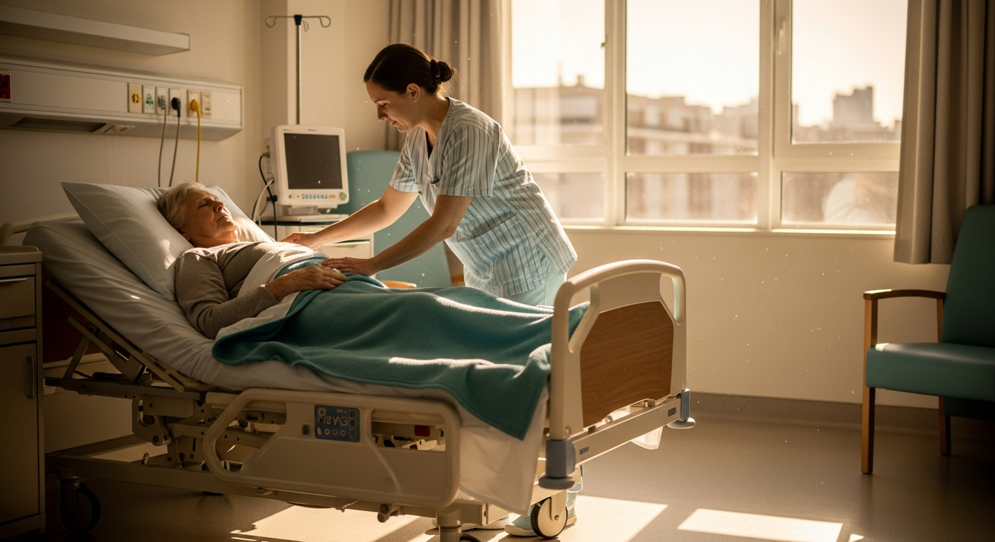Compassionate nurse providing patient care in hospital setting